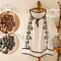 阿米良品日系春季新波西米亚民族精致图腾刺绣圆领娃娃衬衫