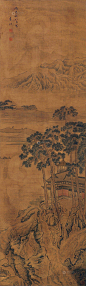 袁江——【丙午秋八月写】人物山水楼阁 立轴欣赏  |  
清|袁江(1662-1735)字文涛，号岫泉。江都(今江苏扬州)人。是中国绘画史上有影响清代画家，宫廷画家，专攻山水楼阁界画。楼阁工整山水当时以袁江最有名,其侄子袁耀同齐名。擅画山水、楼台、师法宋人。山水画主学宋代闫次平，画石多鬼皴，楼阁主学郭忠恕，画艺从师仇英。