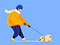 Walking The Dog winter cute concept clean animal color uran sapling snow walking walk dog boy man people character website web ui illustration