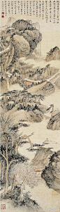 #山水画#【 张大千 《仿石溪山水》 】立轴，纸本设色，140.5×40cm，1930年作。 张大千的画风，在早、中年时期主要以临古仿古居多，花费了一生大部的时间和精力，从清朝一直上溯到隋唐，逐一研究他们的作品，从临摹到仿作，进而到伪作。