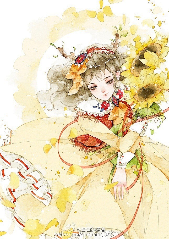 向日葵-清茗_原创,插画,水彩,小清新,...