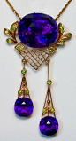 Gorgeous Antique Russian Amethyst and Garnet Pendant Necklace - made in Moscow between 1908 and 1917. (Three Siberian amethysts, sixteen Ural demantoids (green garnet), in intricate rose 