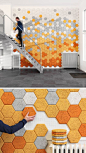 19 Ideas For Using Hexagons In Interior Design And Architecture // These hexagon sound absorbing panels are made of wood slivers, cement, and water.