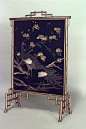 French Victorian gilt faux bamboo fire screen with blue floral and bird design panel: