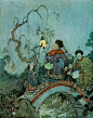 Edmund Dulac——生在法国，魂死东方
　　 这是个以为童话，传奇配图出名的法国插画家，作品带有浓厚的东方情调，从阿拉伯世界一直飞跃到古老的中国。他也画欧洲故事，用色深沉，线条慵懒，总有一种中世纪黑暗的甜蜜气氛。