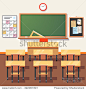 Empty school classroom with green chalkboard, teachers desk, pupils tables and chairs. Flat style vector illustration isolated on white background.