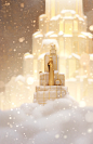 a small statue sits on top of a pile of snow, in the style of light gold and gold, dazzling cityscapes, rachel whiteread, elizabeth gadd, clockpunk, festive atmosphere, subtle ink application