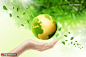 绿荫光线绿色球体纷飞绿叶小手呵护环境优化海报 海报招贴 环境优化