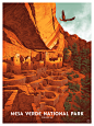 59 Parks | Mesa Verde National Park, Claire Hummel : My second screen printed poster for the FIfty-Nine Parks series.  I learned a ton doing the first one, but this one had the added challenge of a LOT of very specific ruins. Still such a joy to get an ex
