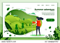 Vector illustration -  tourist girl looking on mountain to climb. Forests, trees and hills on green background. Banner, site, poster template with place for your text.