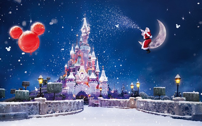 聖誕節和新年，迪斯尼城堡，雪花飛舞 壁紙...