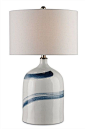 Fresh from the potter's workshop, the Essay Table Lamp is all handcrafted charm and upscale style. The jug-shaped ceramic body is hand-glazed in snowy White, then artfully brushed with a fine Blue stroke. An Off White Linen drum shade completes the pastor