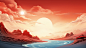 超大的太阳与喜庆的红色山川卡通背景 (7)