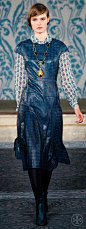 Look 12, Tilda: Pleated laser-cut leather dress, Scarab print chiffon button-down shirt