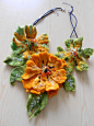 Made to Order Felted Flower Necklace Green Orange and Sparkly