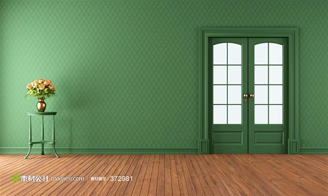 绿色墙壁房门与花瓶架家居摄影高清图片
