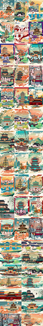 中国风宫廷古楼建筑手绘插画海报古风地标建筑画质精美PSD素材