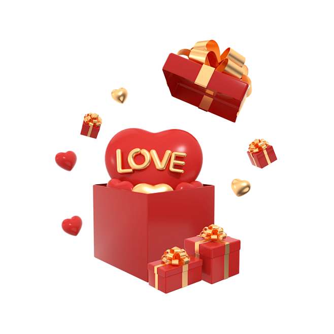 3D红色爱心礼盒情人节元素
