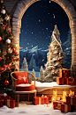 Christmas room christmas scene, in the style of vibrant stage backdrops, surrealist dreamlike scenes, aurorapunk, eye-catching, photorealistic renderings