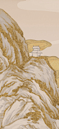 中式 山水 金色 云 铂金 小船 手绘 效果图 壁画 壁纸 墙画 背景墙 电视背景 床头背景 卧室 酒店