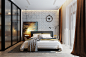 Loft style bedroom : Спальня с элементами лофта, кирпичной стеной, индустриальными светильниками и стеклянной гардеробной