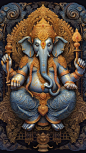 God Ganesha by Alex Gray and Mucha, front view, fractal art, ornate, full body, embroidered, intricate detail, ultra realistic, ultra detailed, 8k