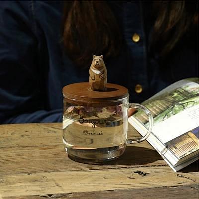 一团幸福 创意手工动物木盖咖啡杯 耐热玻...