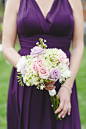 plum bridesmaid dresses; blush pink and lavender bouquet