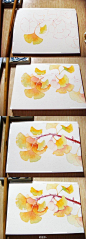 【绘画教程】水彩教程 盐水— 银杏叶的画法，银杏长起来的叶子可漂亮了。