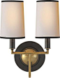 elkins double sconce  Thomas O'Brien    OVERVIEW  Height: 13 1/4"   Width: 9 1/2"  Backplate: 5 1/2" Round  Extension: 8 3/4"  Shade Size: 3 1/2" x 4" x 6"  Wattage: 2 - 40 Watt Type B  Socket: Candelabra     price $336.