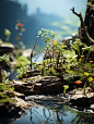 Empty background product photography, forest style, blue sky, sunlight, soft and ethereal, detailed, miniature, wood, HD, 8K, plants and trees on rocks, montage