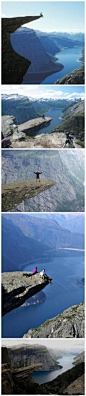 [【挪威 “巨人之舌”岩石】] Trolltunga，位于挪威Odda地区的Skjeggedal峡谷，是一块神奇的卧式岩石，其形状独特，被称为“巨人之舌”。站在Trolltunga岩石上，仿佛翱翔空中的超人，正如儿时的梦想。正是它的无穷魅力，吸引了大量的户外运动者在此留影。#旅行#