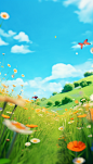 a 3d green field of flowers and butterflies, in the style of colorful animation stills, cute and dreamy, cryengine, kanō school, uhd image, orange and aquamarine, tilt shift