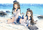 2girls animal anmi bird blue_eyes breasts brown_hair cleavage hat long_hair original seifuku water