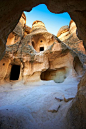 Early Christian church ~ in the Fairy Chimneys near Zelve, Cappadocia, Turkey. The areas most extraordinary phase was during the medieval era, when the valleys were a refuge to Byzantine Christians.