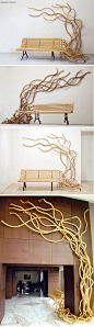 设计分享团：【木器收藏】The Spaghetti bench by Pablo Reinoso and Carpenters Workshop Gallery。这款椅子与传统的椅子有很大的不同，它不仅显示出精湛的手工技艺，还有流露出超现实主义的影子和诗意般的宁静气质。（来自网络）