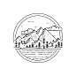 Vector line emblem with mountain landscape, forest, sea and clouds.
