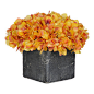 House of Silk Flowers, Inc. - Artificial Home Decor Gold/Burgundy Hydrangea In Small Stone Cube - This artificial hydrangea arrangement will add color and life to any spot in your home or office. The home decor gold and burgundy hydrangeas are securely &a