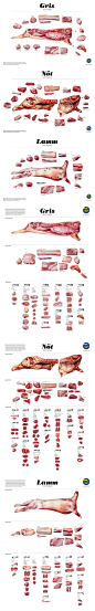【庖丁解牛】瑞典品牌肉组织Svenskt KOTT制作了具体的解构图，根据肉质和结构，把我们最常食用的猪、牛、羊细分别分解成不同的部分，并且做了具体的描述和介绍。