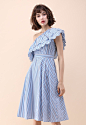 Attention Catcher One-shoulder Stripe Dress : All eyes on you in this one-shoulder striped dress in light, sky blue. Pair this dress with metallic gold sandals and a clutch.

- Stripe pattern
- Elastic neckline
- Tiered scrolled flaps trimming
- Side pock