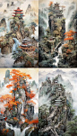 An award-winning 3d watercolor Chinese painting of a dynamic multi layered landscape, in the style of Roberto Nezzi --ar 4:7 --v 5.1