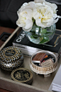 small shop for Joy and Revelry gold silver tray chinois handles styling candle matches peonies