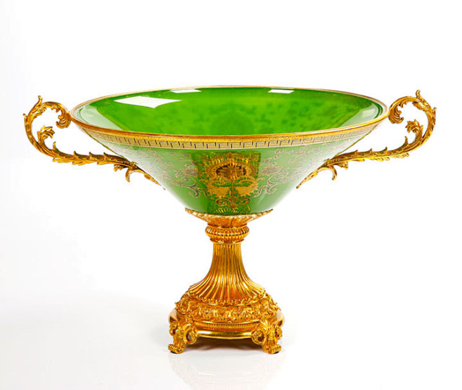 法式家居饰品摆件 奢华玻璃加铜鲜绿色果盘