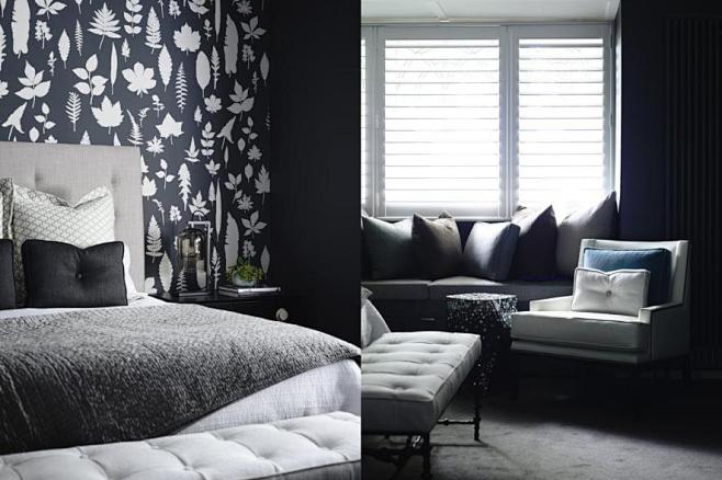 酷炫美丽的床品和独特的黑色壁纸，暗色调的...