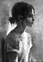 Elina - Monochromatic digital painting. A woman is painted in black and white colors, looking far away with disheveled hair and humble clothing.: 