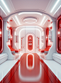 Entrance hall of future spacecraft, deep white and red, realistic color scheme, skincare lab, vibrant illustrations, rendered cinema4d style, lit with red, in Art Deco style, straight line form, filled with light, security camera