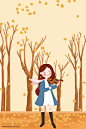 二十四节气之秋分女孩在树林里拉小提琴海报