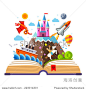 Imagination concept - open book with rocket, castle, boat, dragon, cowboy, air balloon . vector flat illustration 正版图片在线交易平台 - 海洛创意（HelloRF） - 站酷旗下品牌 - Shutterstock中国独家合作伙伴