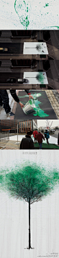 [绿色步行] 为了呼吁人们多步行，少开车，减少对环境的影响，来自DDB的设计师熊超为中华环境保护基金会制作了一个名为“绿色步行”的户外广告。该广告位于上海繁华的步行街上，在道路两侧的海绵上倒上可以洗掉的绿色环保快干漆
