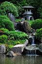 Japan - Garden with waterfall and ishidoro (stone lantern)